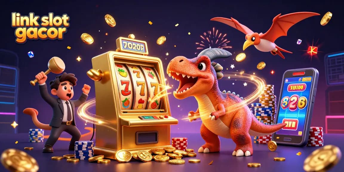 Experience excitement with link slot gacor as dinosaurs engage in a vibrant casino scene.