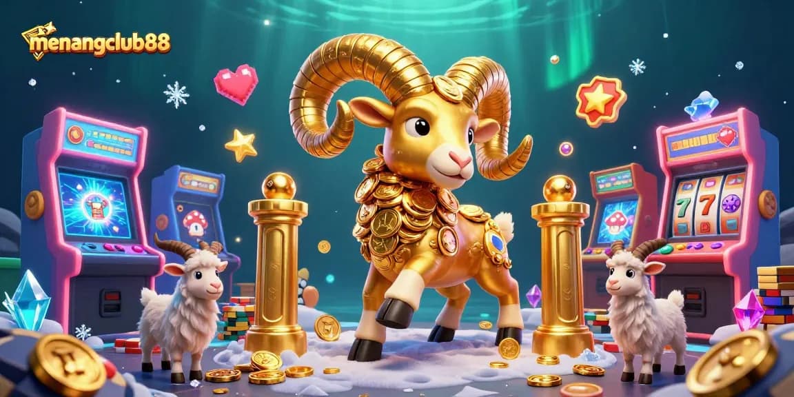 Experience the excitement of menangclub88 with vibrant 3D illustration featuring a golden ram and casino elements.