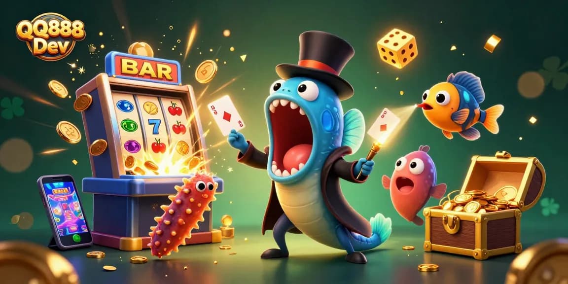 Engage in the fun with QQ888 Dev as cartoon sea creatures celebrate casino wins and magical moments.