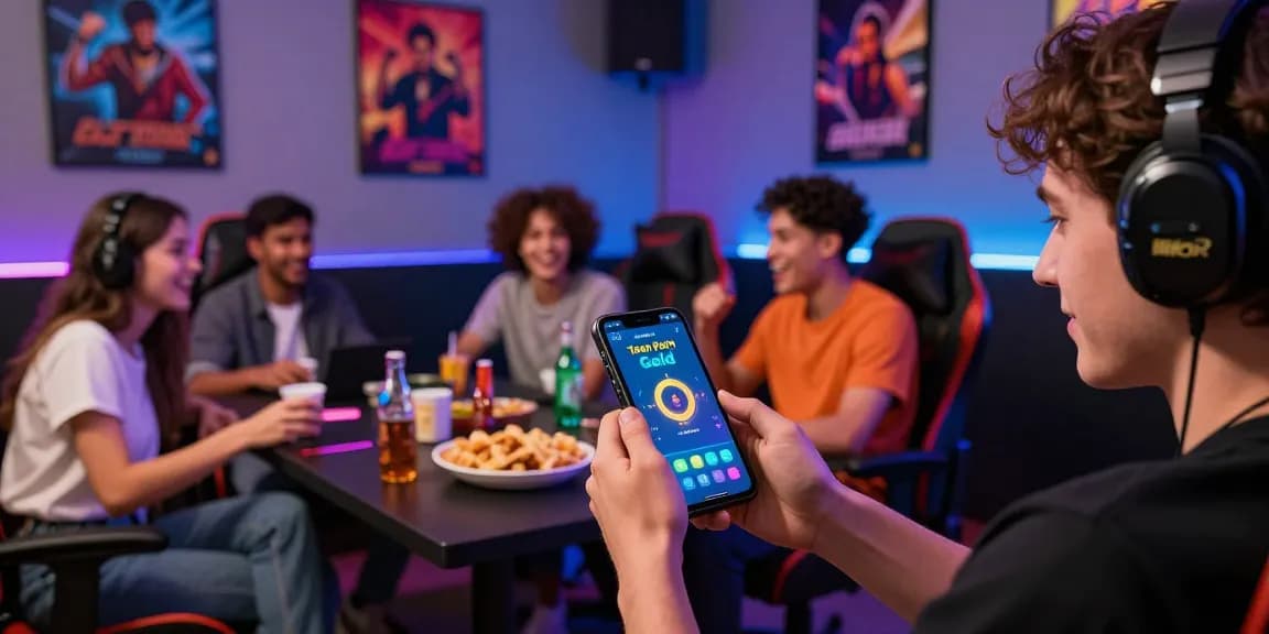 Friends enjoying the Teen Patti Gold app in a vibrant gaming room.