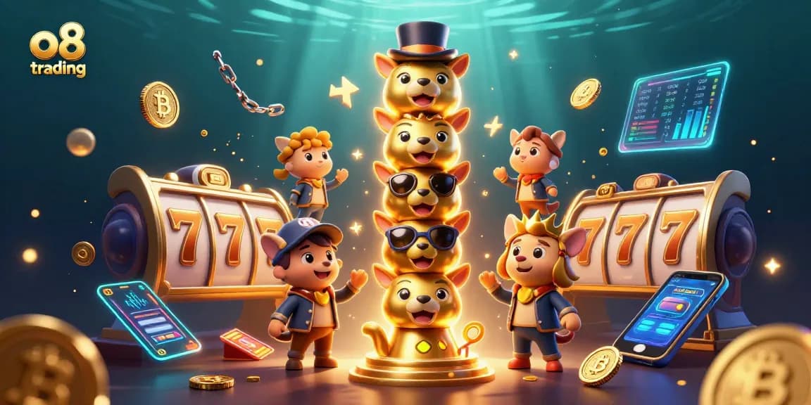 Experience exciting o8 trading action with a vibrant casino-themed 3D illustration.