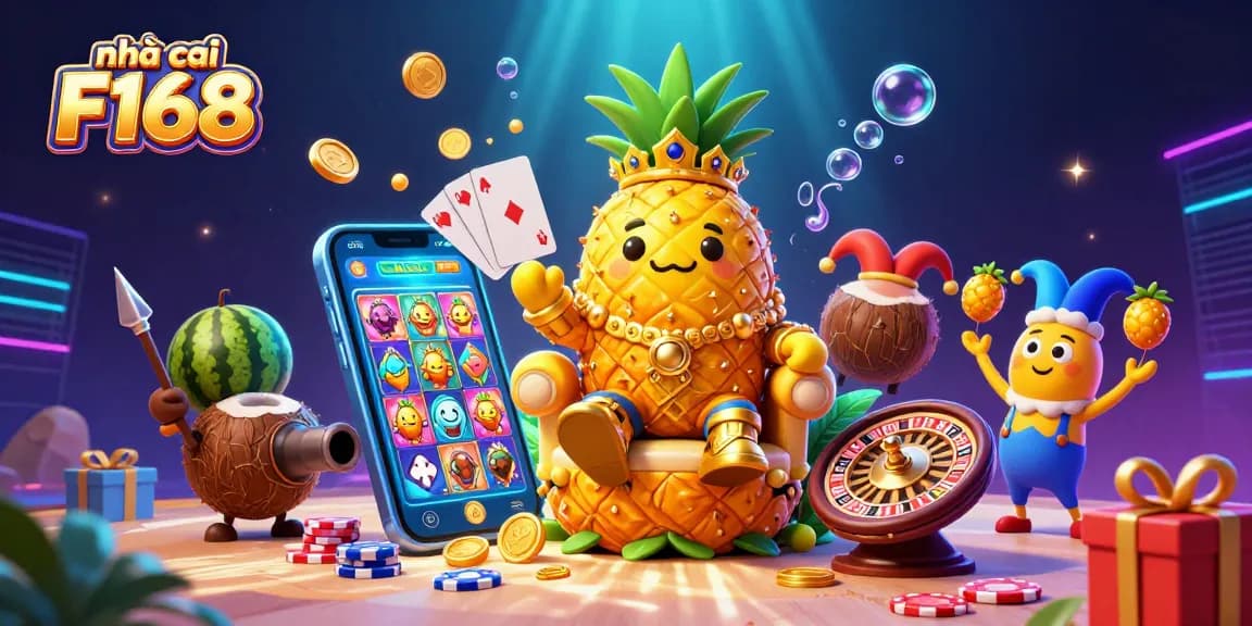 Engage with the vibrant gaming world of nhà cái F168 featuring a golden pineapple king and dynamic casino elements.
