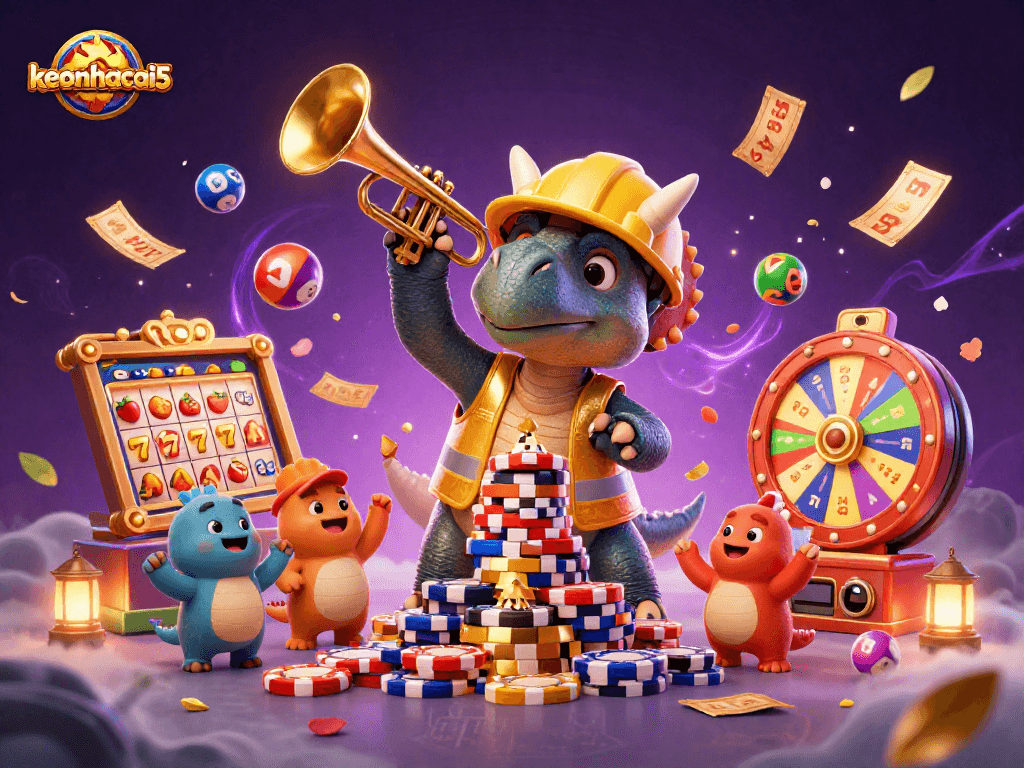 Engage with keonhacai5 as a triceratops builds a poker chip pyramid amid casino gaming elements.