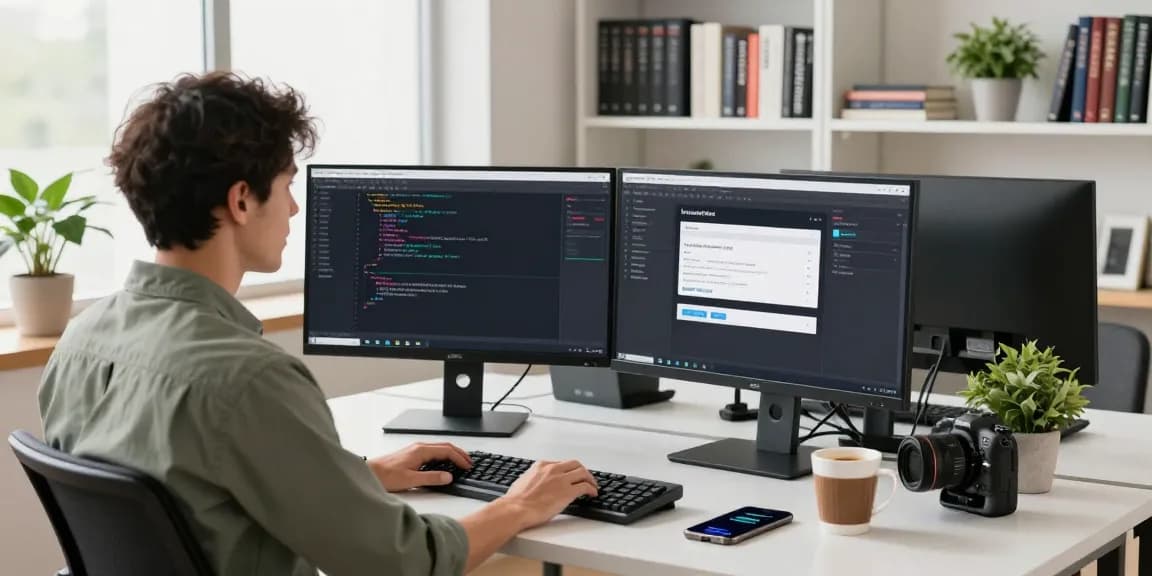Workspace showcasing a developer working on a new registration domain list on dual monitors, with modern office elements.