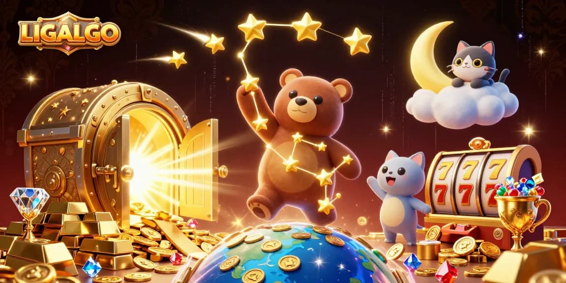 LIGALGO constellation bear soaring towards coins amidst dynamic slot reels and treasures.
