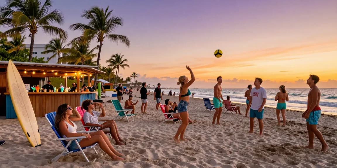 Grup teman bersenang-senang di pantai Miami, https://miami4d.com/ dengan suasana hangat dan bersemangat.