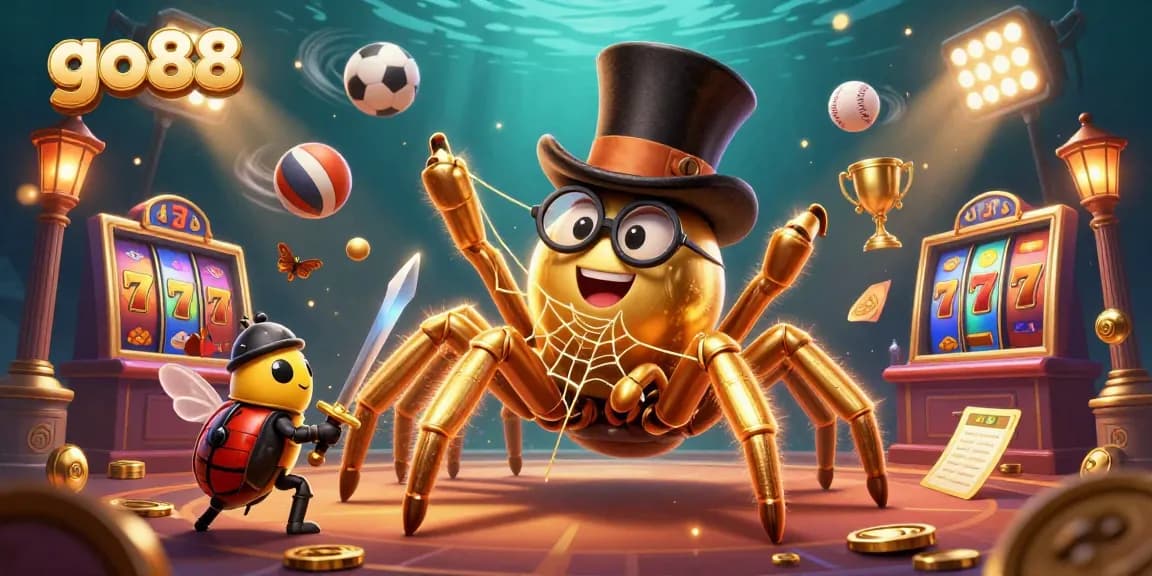 Experience the thrill at go88 with vibrant casino elements and exciting characters in this immersive illustration.