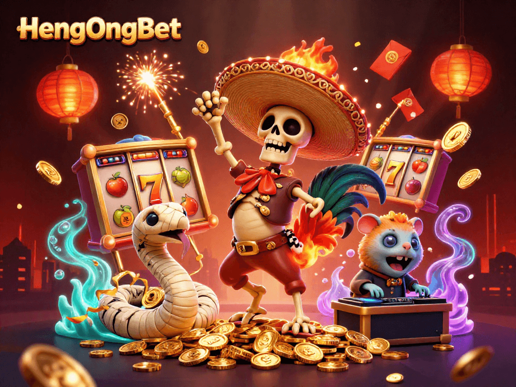 Engage in thrilling gaming adventures with HengOngBet's vibrant slot reels and festive characters.