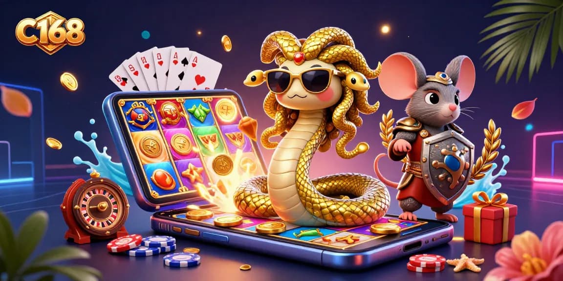 C168 invites players to enjoy exciting casino experiences with vibrant gaming elements in a 3D illustration.
