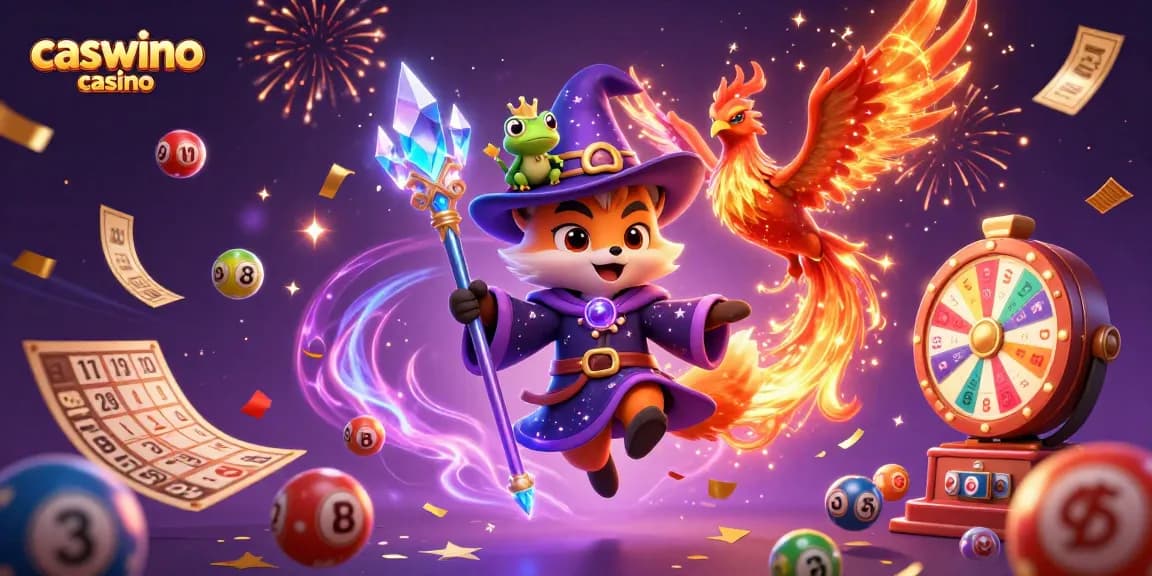 Experience the vibrant energy of Caswino Casino with a mystical wizard fox and phoenix amidst lottery excitement.