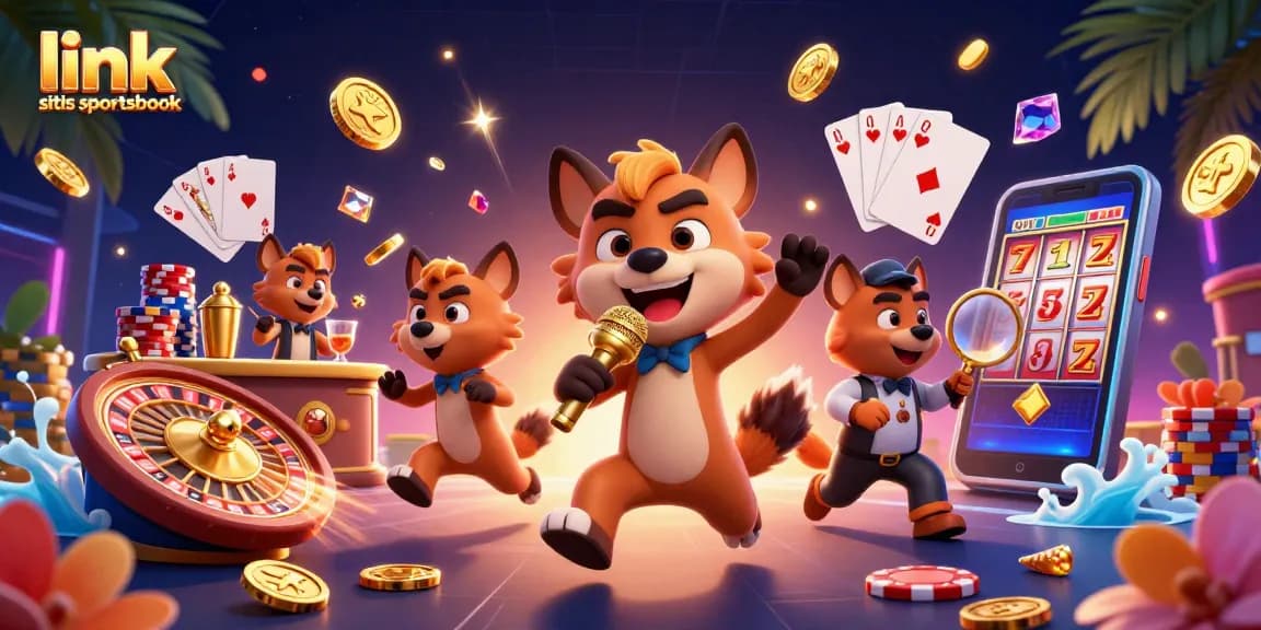 Engage with link situs sportsbook in a lively casino scene featuring comedic hyenas amidst gaming excitement.
