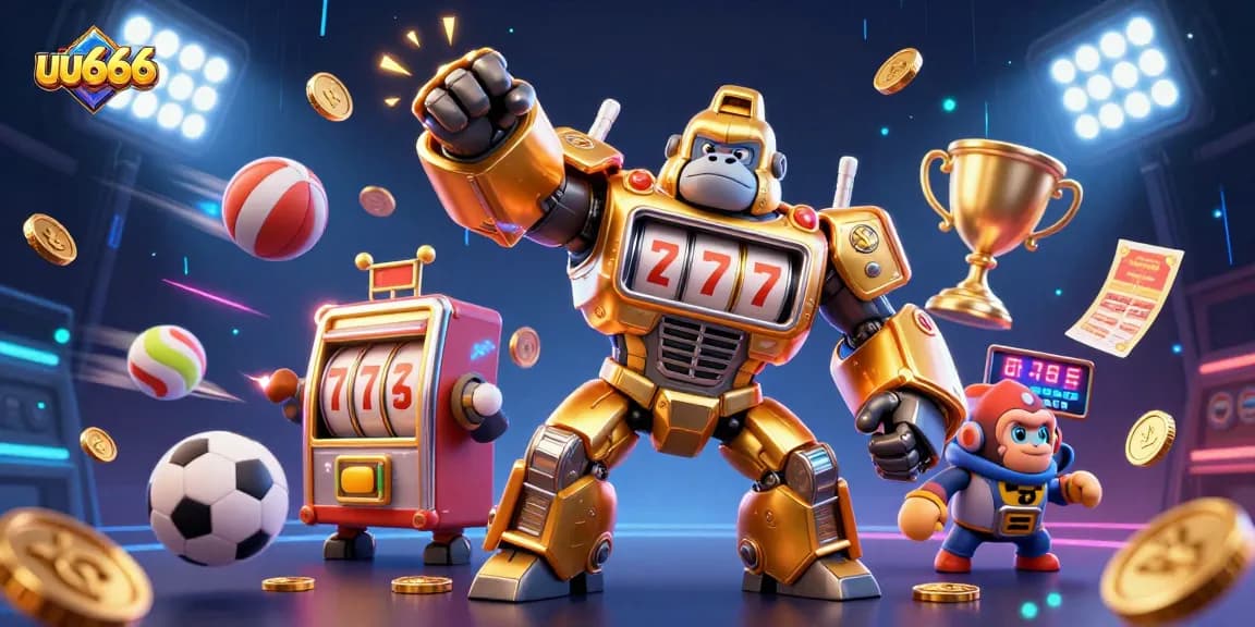 Experience thrilling wins at uu666 with a golden gorilla mech amid dynamic sports action.