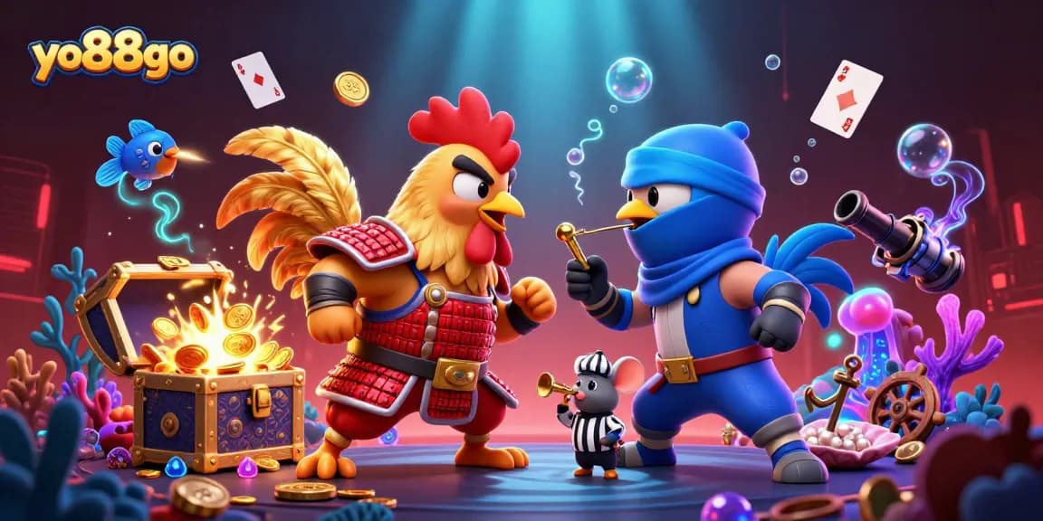 Compete with yo88go in a thrilling 3D image of roosters and sparkling casino treasures.