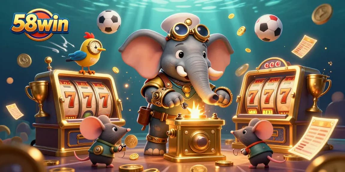 Spin the 58win slot machine with a steampunk elephant while enjoying vibrant casino elements.