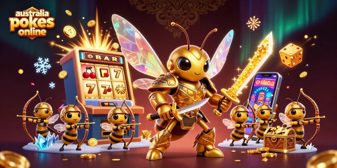 Australia pokies online vibrant scene with a golden hornet in samurai armor amidst explosive slot machine symbols.