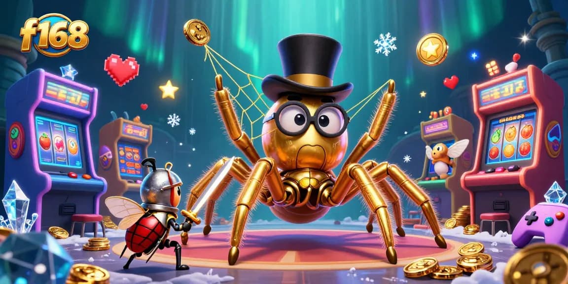 Experience thrilling gaming action at f168, featuring a vibrant casino scene with a giant tarantula and characters.