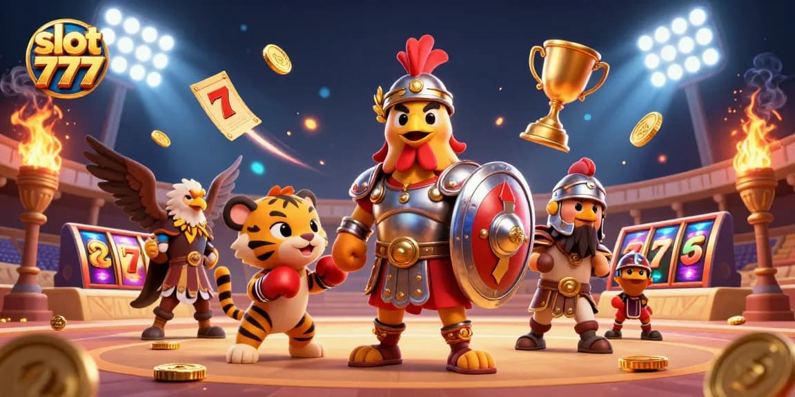 Spin the reels at slot 777, featuring a 3D gladiator rooster in a vibrant casino scene.
