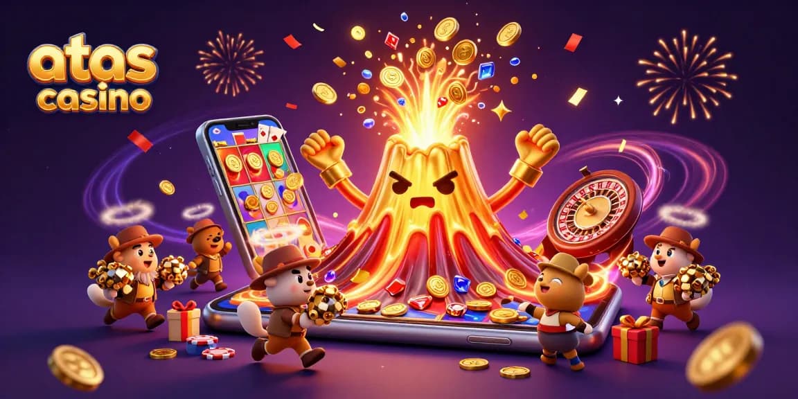 Engage with atas casino action as golden treasures erupt from a vibrant volcano surrounded by winning symbols.