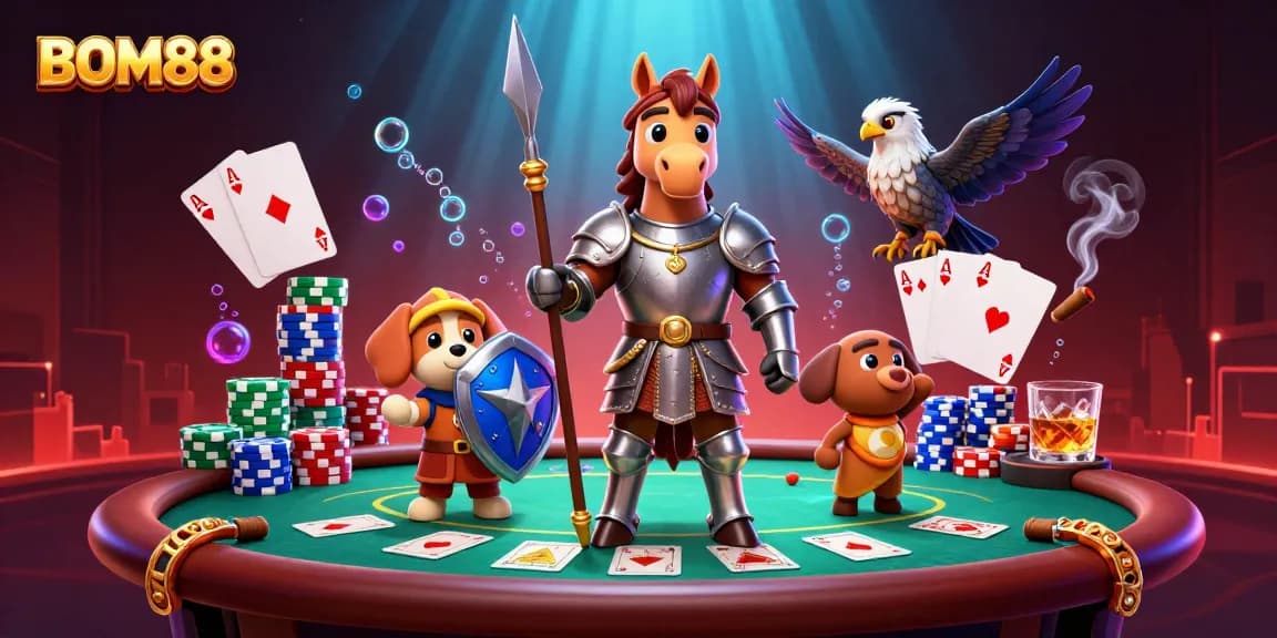 BOM88 features a knight, squire puppy, and falcon amidst a lively casino scene with poker cards and chips.