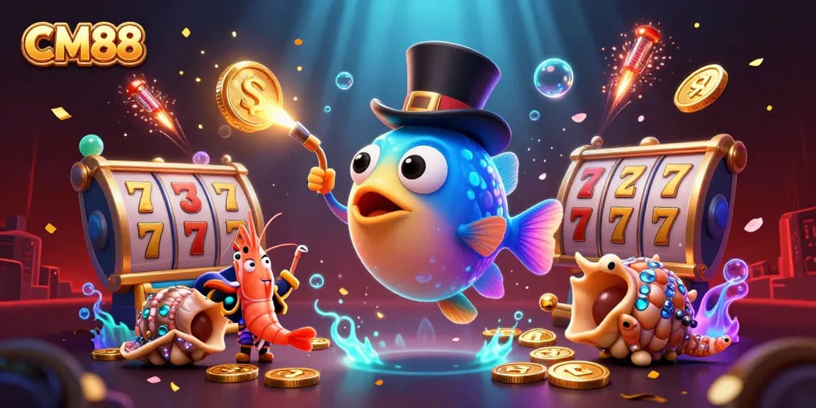 Engage with CM88's thrilling gambling adventure featuring vibrant underwater characters and dynamic casino elements.