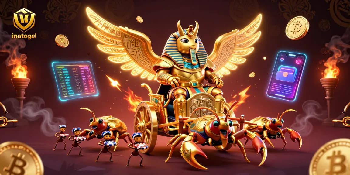 Eksplorasi inatogel dengan scarab emas dan elemen perjudian, penuh detail dan energi.
