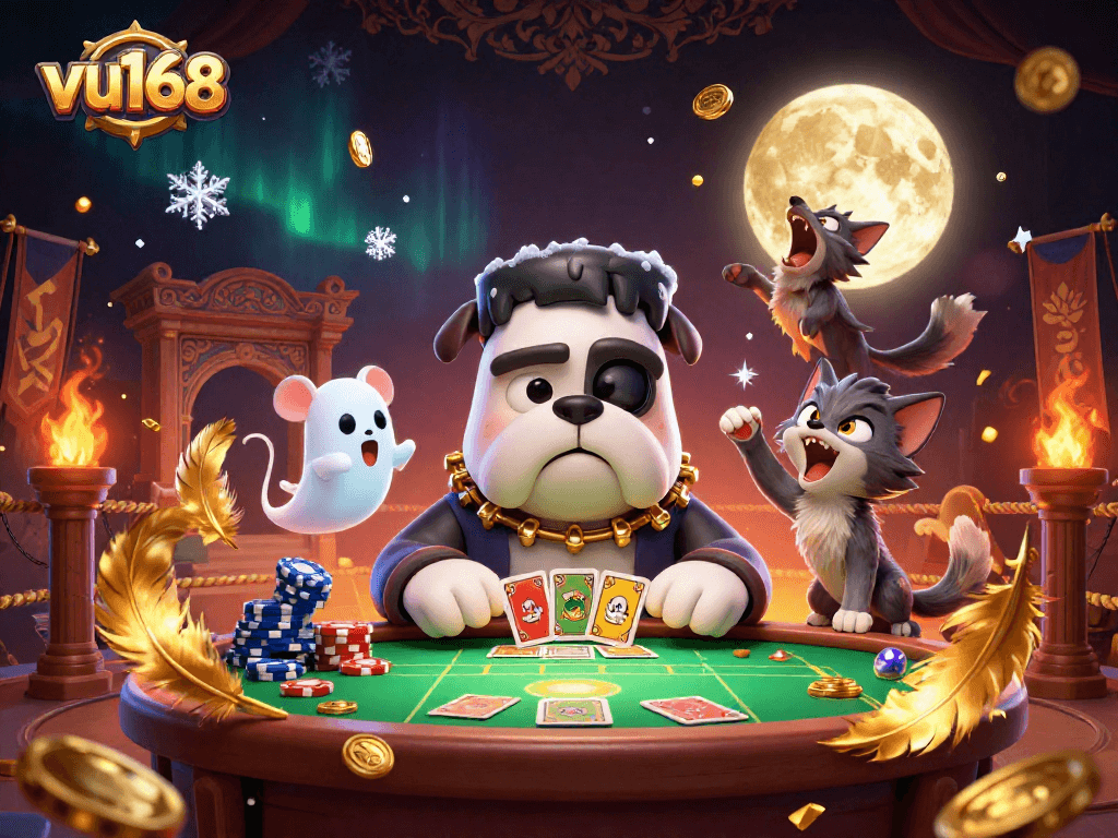 vu168 unleashes winning excitement at a vibrant 3D casino table with charming characters.