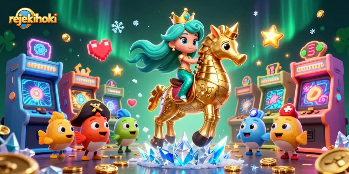Experience rejekihoki's vibrant casino adventure with a magical mermaid and seahorse amidst gaming excitement.
