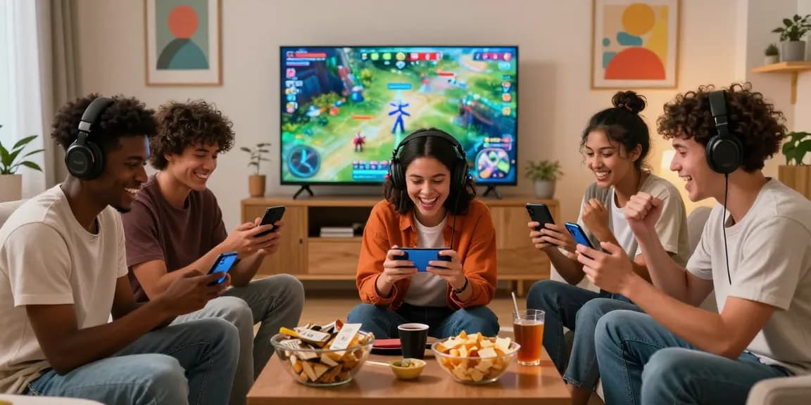 Friends enjoying 3 Patti Blue game at home, celebrating wins while playing on smartphones.