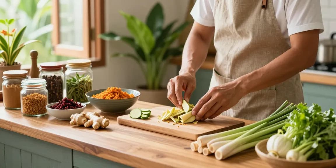 Cooking with fresh ingredients like ginger and lemongrass in modern Thai kitchen, highlighting healthy food choices. Discover สล็อตเว็บตรง benefits through nutrition.