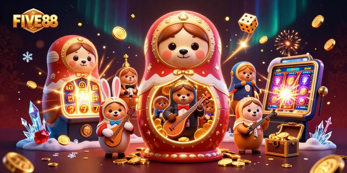 Experience the excitement of FIVE88 with a vibrant 3D casino scene showcasing a Matryoshka bear, slot machines, and gold treasures.