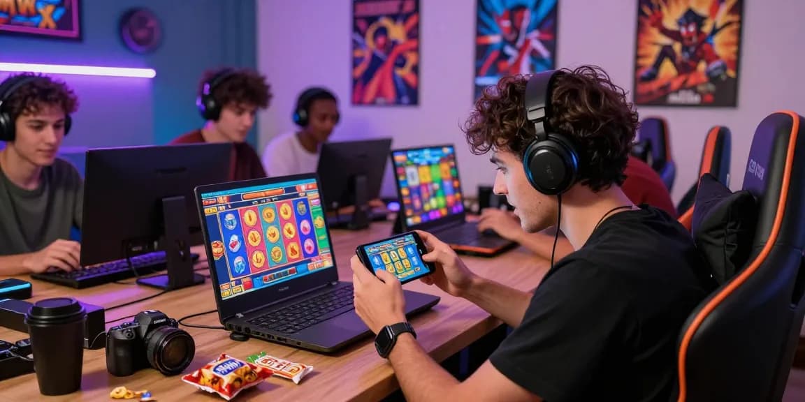Permainan slot online yang mengasyikkan dengan pemain fokus pada layar perangkatnya dan suasana ruang permainan yang menawan.