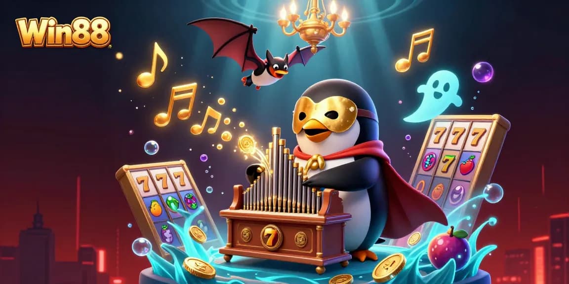 Experience exciting casino action with Win88 as a penguin plays, coins fly amidst colorful decorations.