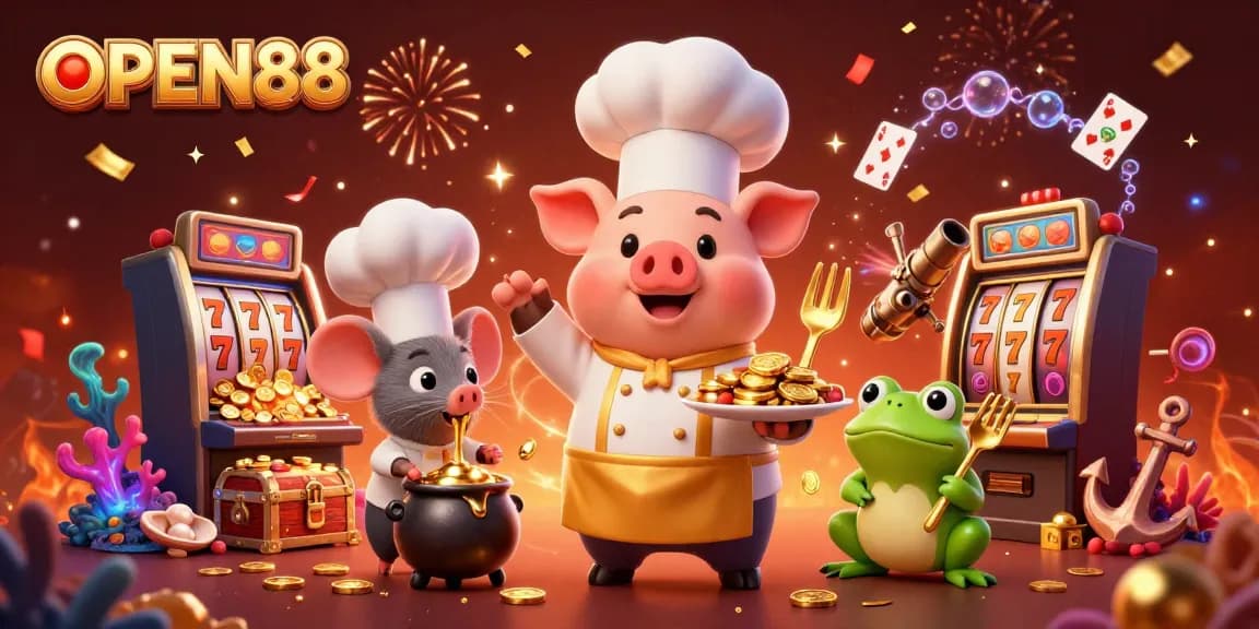 Play slots at OPEN88 with the chef pig, mouse, and frog in a vibrant casino scene.