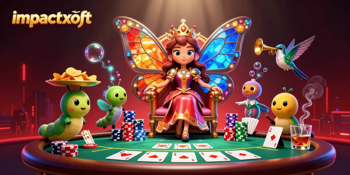 Experience the excitement at impactxoft with vivid casino elements like poker chips and vibrant characters.