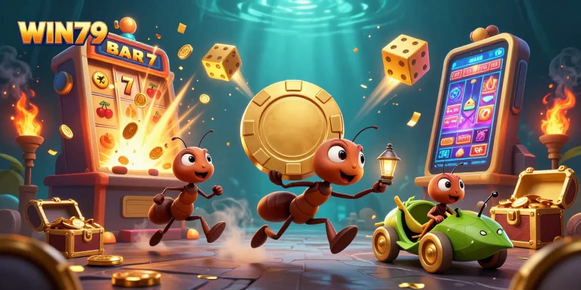 WIN79 engage in a thrilling heist with 3D cartoon ants and golden symbols, showcasing dynamic casino action.