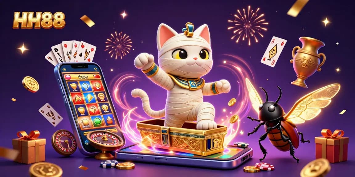 Experience excitement at HH88 with a 3D Egyptian mummy cat in a vibrant casino scene.