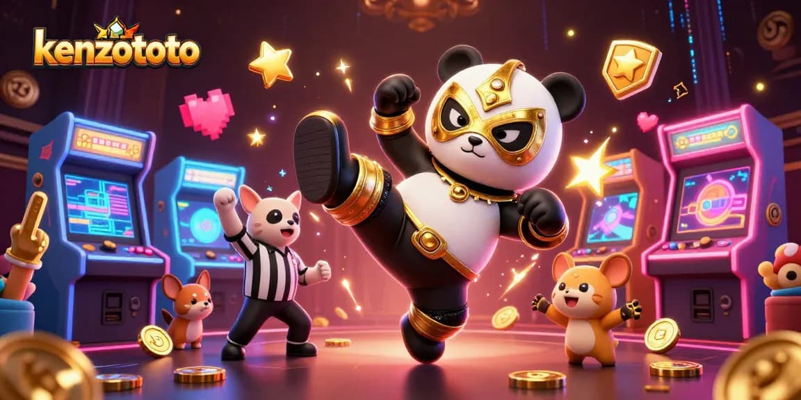 Kenzototo engages players with vibrant visuals of a panda wrestler kicking amidst game elements.