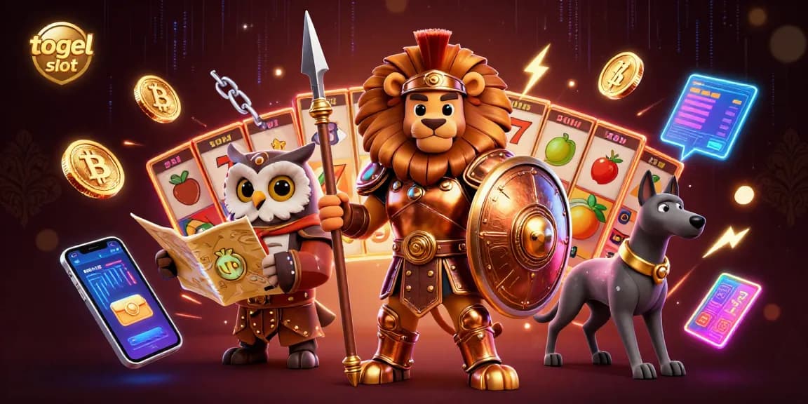 Spin the reels with the togel slot featuring a vibrant 3D illustration of a lion and an owl, packed with dynamic elements.