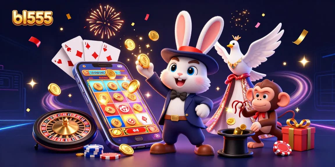 Experience the magic of bl555 with a whimsical 3D scene showcasing a magician rabbit, an elegant dove, and a playful monkey amid vibrant casino elements.
