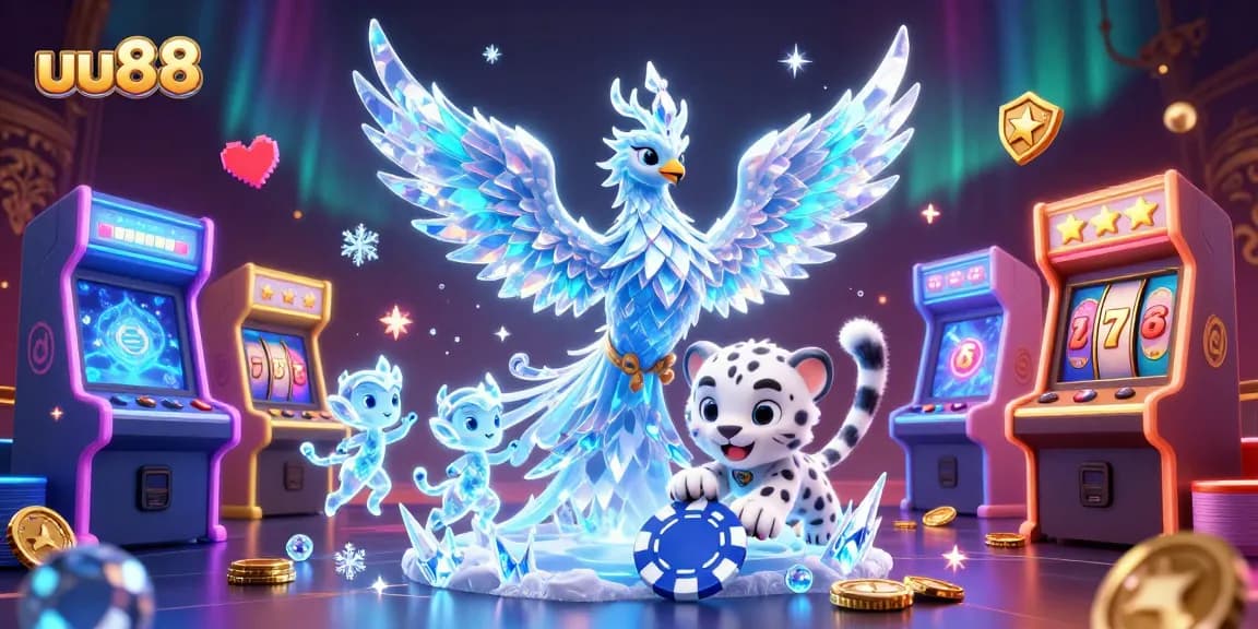 Engage with uu88's vibrant casino scene featuring a crystal phoenix and ice-themed gaming elements.
