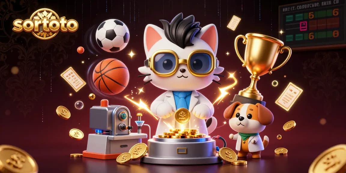 Sortoto offers vibrant betting action, featuring mad scientist cat and assistant in a dynamic scene surrounded by sports elements.
