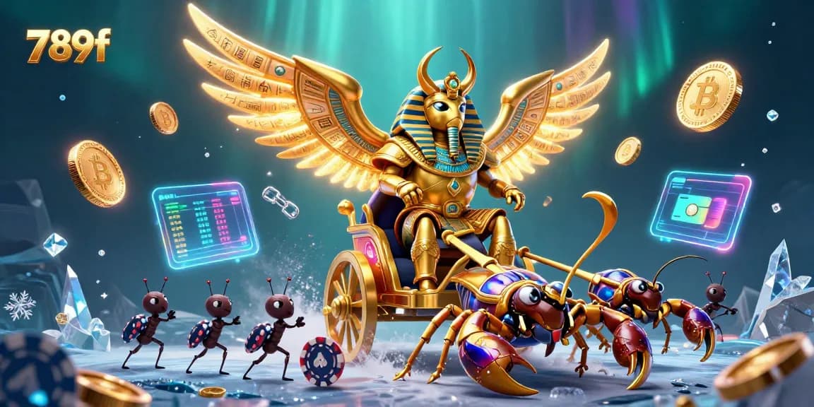 Engage in the thrilling world of 789f with intricate visuals featuring a colossal scarab and poker chips.