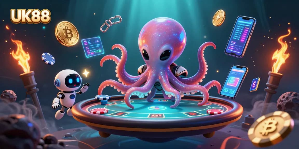 Experience UK88 excitement with a cartoon alien octopus at a holographic poker table!