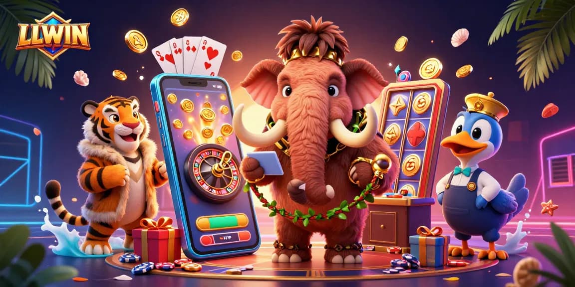 LLWIN casino scene showcasing woolly mammoth bouncer, saber-tooth VIP, colorful slot game elements.