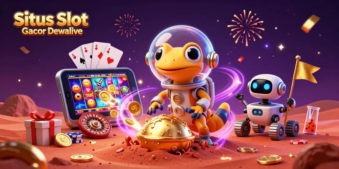 Situs Slot Gacor Dewalive showcases a vibrant scene with a Martian gecko and robot discovering a gold casino.
