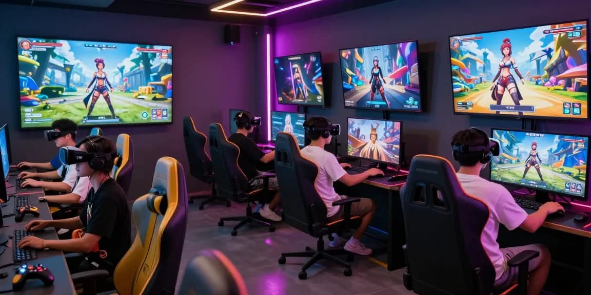 Group of players enjoying an immersive 3d hentai game in a vibrant gaming lounge.