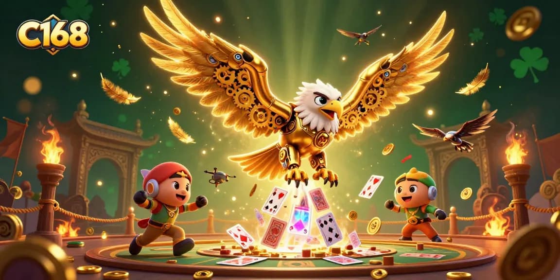 C168 offers thrilling online gaming experiences with a vibrant 3D casino scene featuring a cybernetic golden eagle.