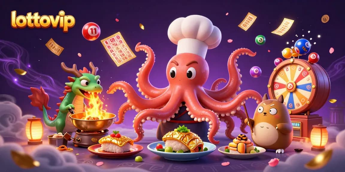 Memainkan lottovip dengan bola lotere berwarna dan chef sushi di latar belakang yang ramai.