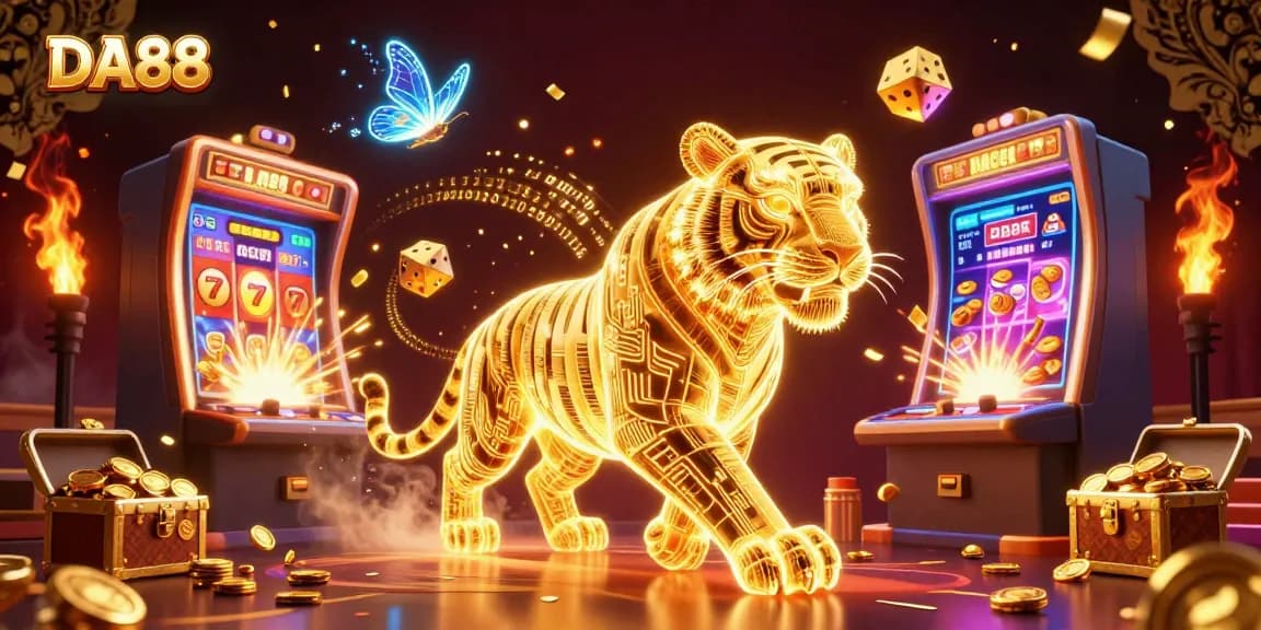 Experience thrilling gameplay at DA88 with a golden tiger in a vibrant casino scene.