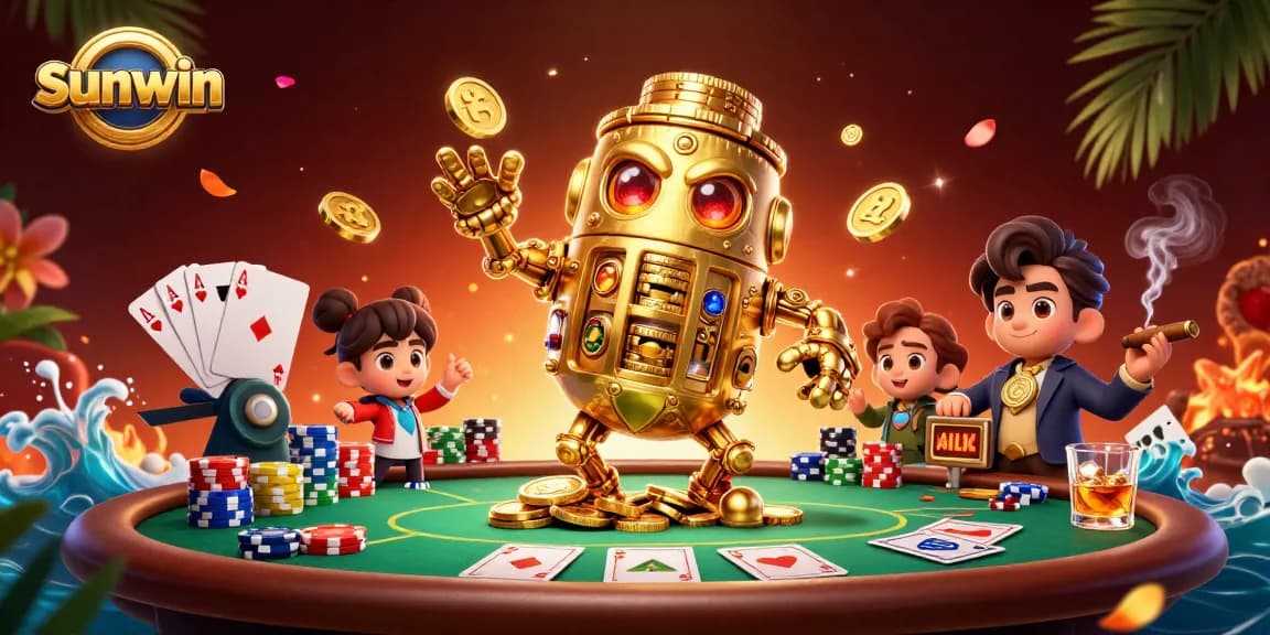 Experience thrilling gameplay at sunwin with golden golem surrounded by vibrant casino elements.